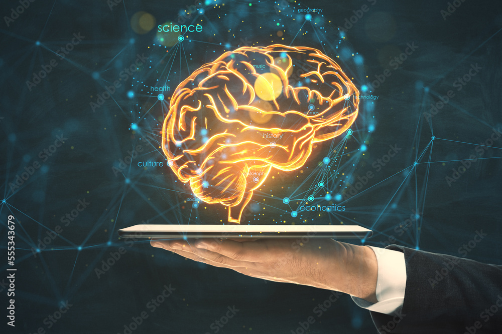 Poster Artificial intelligence, cyborg development research and machine learning concept with glowing yellow human brain projected from digital tablet in human hands on abstract dark technological background