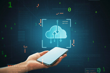 Close up of female hand holding mobile phone with digital cloud computing hologram on blurry background. Cloud data, server, service and hosting concept.