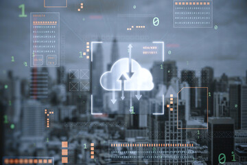 digital cloud computing hologram on blurry background. Cloud data, server, service and hosting concept.