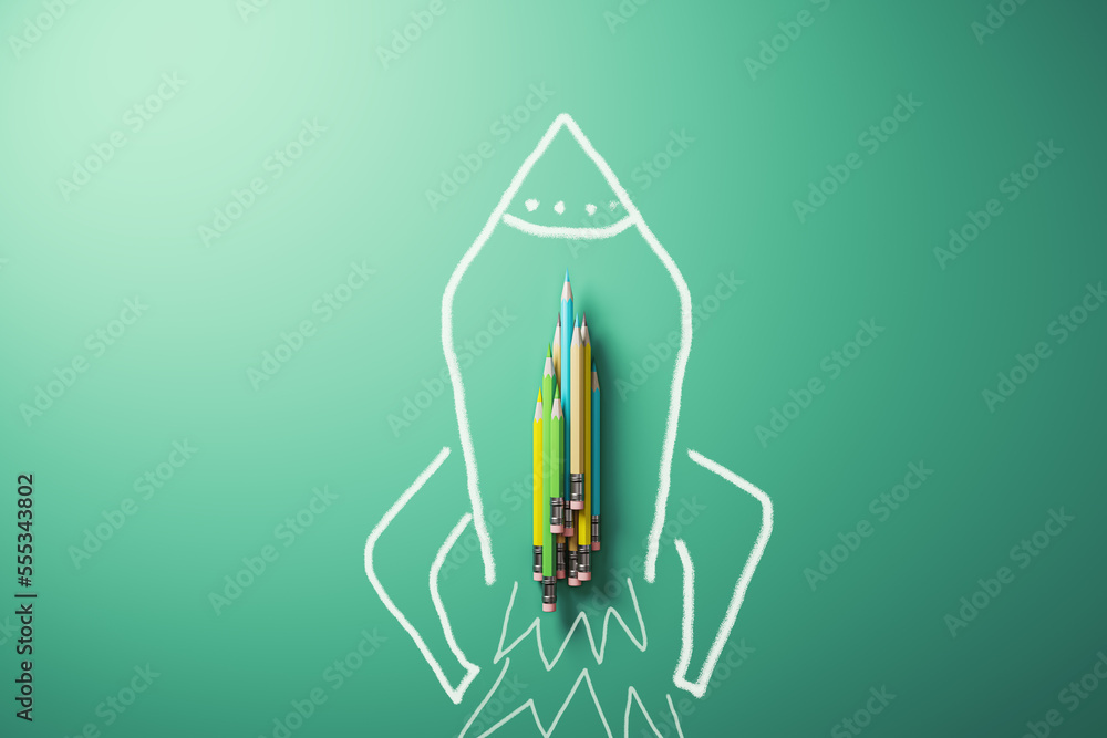 Poster Modern pencils and rocket spaceship sketch on green background. Education, school and knowledge concept. 3D Rendering.