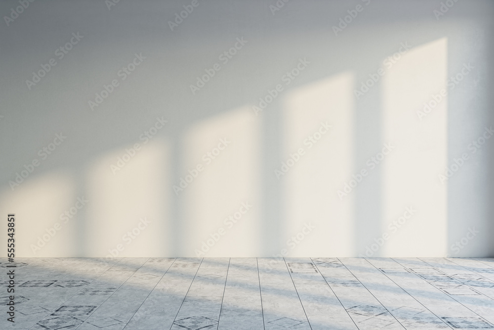Poster modern empty room interior with shadows and sunlight, mock up place on concrete wall. 3d rendering.