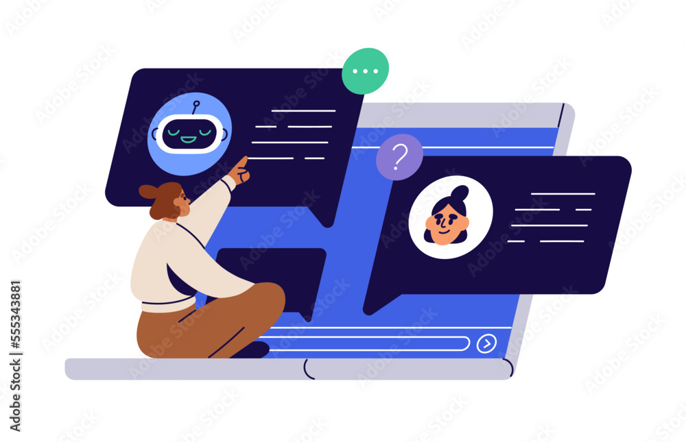 Aufkleber Communication and online support of AI chatbot, robot vs live chat, human assistant. Customer asking for virtual help, information in bot. Flat graphic vector illustration isolated on white background