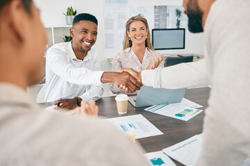 Handshake, finance and accounting with a diversity couple talking to a financial consultant during...