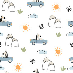 Funny zebra on a convertible seamless pattern. Cute baby print on a white background. Hand drawn zebra, mountains, cloud, sun and car. Kids vector illustration in doodle style.
