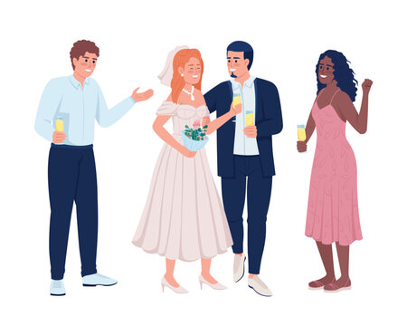 Newlyweds celebrating wedding event with friends semi flat color vector characters. Editable figures. Full body people on white. Simple cartoon style illustration for web graphic design and animation