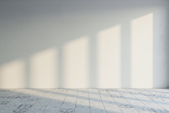 Modern empty room interior with shadows and sunlight, mock up place on concrete wall. 3D Rendering.