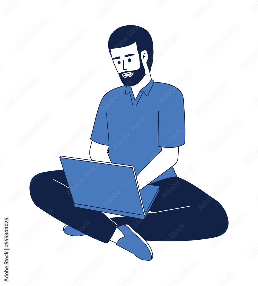 Poster smiling man with laptop flat color linear vector character. personal computer. editable figure. full
