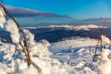 panorama of snow-capped mountains with icy plants as seen from the summit of mala rawka, bieszczady, poland, cold winter in the mountain © Lens Down Under