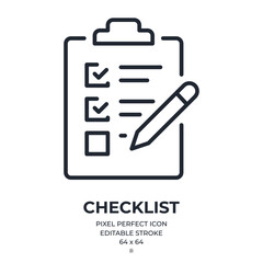 Checklist, survey or report editable stroke outline icon isolated on white background flat vector illustration. Pixel perfect. 64 x 64. - obrazy, fototapety, plakaty