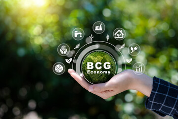 Global BCG icon concept with teamwork. Bio-economy, circle economy, green economy. BCG icon on a...