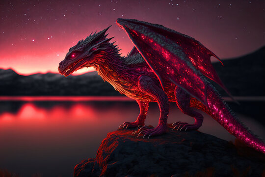 Ruby dragon portrait. Astral night. Digital painting.