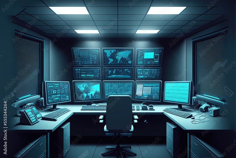 Wall mural empty interior of big modern security system control room, workstation with multiple displays, monit