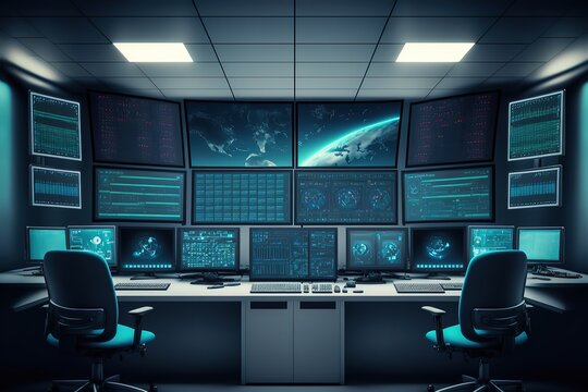 Empty interior of big modern security system control room, workstation with multiple displays, monitoring room with at security data center Empty office, desk. Generative AI