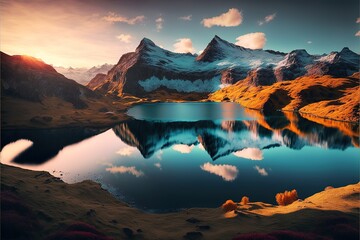 Fototapeta na wymiar Fantastic evening panorama of Bachalp lake / Bachalpsee, Switzerland. Picturesque autumn sunset in Swiss alps, Grindelwald, Bernese Oberland, Europe. Beauty of nature concept background. Generative AI