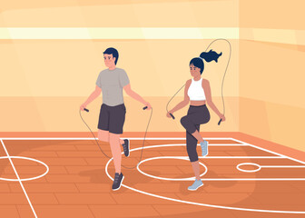 Obraz premium Doing jumping rope flat color vector illustration. Cardio workout. Training together in gym. Fitness activities. Fully editable 2D simple cartoon characters with sports hall on background