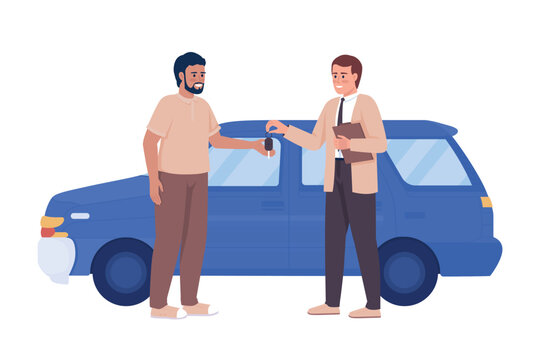 Man buying car 2D vector isolated illustration. Purchasing auto. Male seller consultant flat character on cartoon background. Colorful editable scene for mobile, website, presentation
