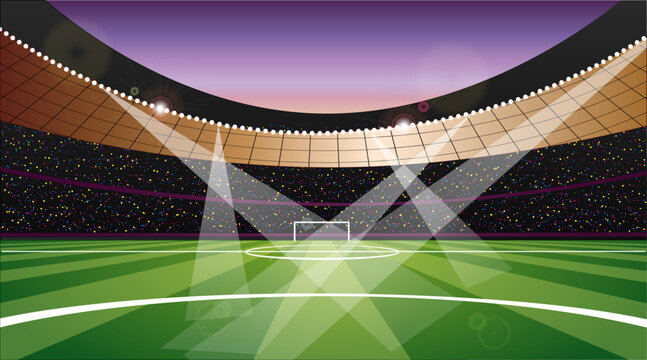 Soccer Field Background Scene with Lights. Vector Illustration