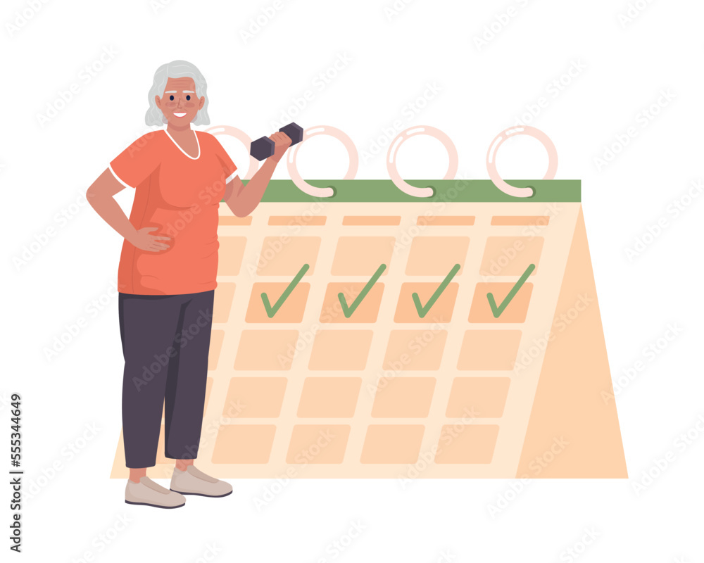 Poster old woman regular exercise flat concept vector illustration. editable 2d cartoon characters on white