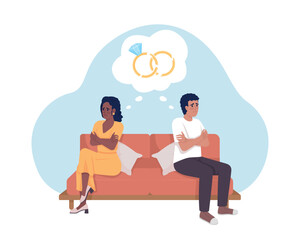 Marriage problems 2D vector isolated illustration. Conflicting couple. Thinking about divorce flat characters on cartoon background. Colorful editable scene for mobile, website, presentation