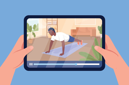 Workout online program semi flat color vector first view hand. Editable figure. Full body person on blue. Push up simple cartoon style illustration for web graphic design and animation