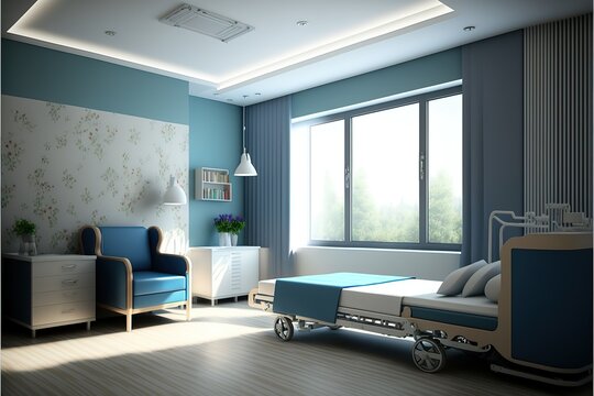 images of hospital patients room with adjustable beds, blue sofas. Spacious rooms. Generative AI