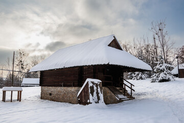 zimowy spacer zima wieś śnieżna mroźna zima boże narodzenie słońce promienie  - obrazy, fototapety, plakaty