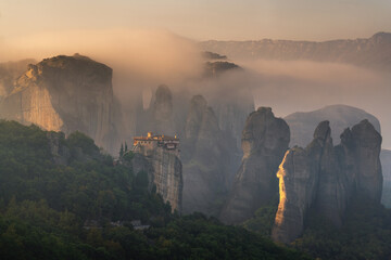 Meteora, Greece-Panorama of mountain scenery of rocks and monasteries.