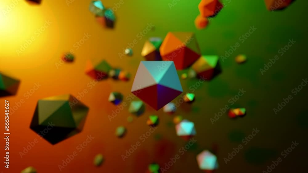 Poster polygonal balls randomly move in space. design. lots of flying geometric balls in colorful space. ch