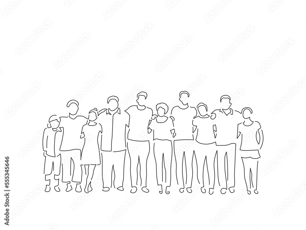 Wall mural Group of people joined in line art drawing style. Composition of casual people. Black linear sketch isolated on white background. Vector illustration design.