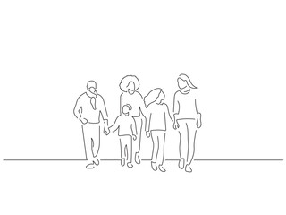 Family walking in line art drawing style. Composition of casual people. Black linear sketch isolated on white background. Vector illustration design.