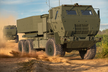 Mobile rocket artillery system during training exercises