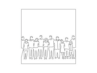 Group of people joined in line art drawing style. Composition of casual people. Black linear sketch isolated on white background. Vector illustration design.