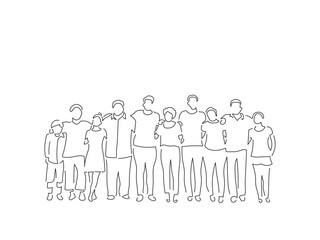Group of people joined in line art drawing style. Composition of casual people. Black linear sketch isolated on white background. Vector illustration design.