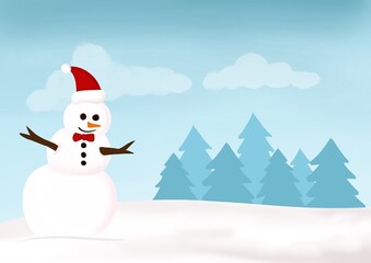 Snowman landscape winter background illustration