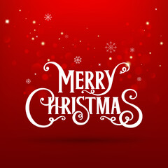 Merry Christmas text on red Xmas background with glitter, bokeh and snoflakes. Holiday card. Vector Illustration
