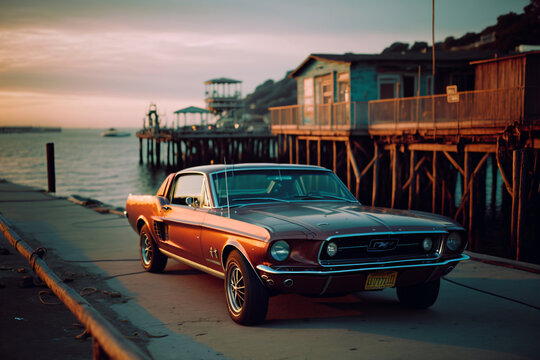 1967 ford mustang on a pier in the colorful sunrise in california, ozean background,fictional car made with generative ai © overrust