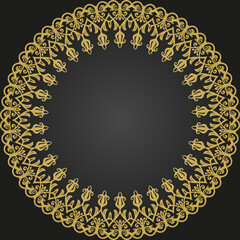Oriental round frame with arabesques and floral elements. Floral border with vintage pattern. Greeting black and golden card with place for text