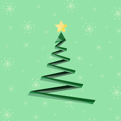 Creative geometric christmas tree on green background with star and garland. Christmas greeting card with pine. New year invitation card. Marketing material. Website banner concept.