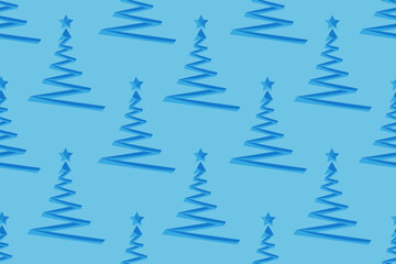 Seamless pattern with creative geometric christmas tree on blue background with star. Christmas wallpaper or bed linen print. Marketing material. Website banner concept.