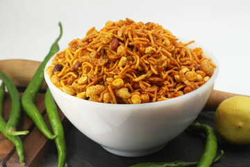 indian namkeen mixture in white bowl 