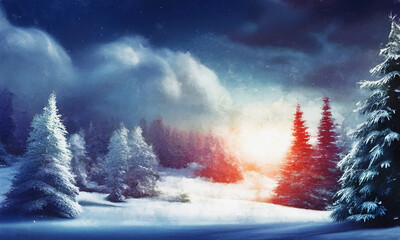 Painting of a winter landscape in the evening, christmas background illustration