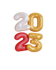 3d rendering. gold text number 2023 and white balloons composition on white background. design for happy new year background.