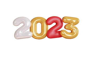 3d rendering. gold text number 2023 and white balloons composition on white background. design for happy new year background.