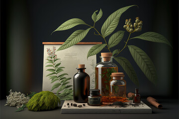 Green elegant podium scene for product presentation with realistic decorative flowers and branches. Natural showcase. Abstract minimal studio 3D render - obrazy, fototapety, plakaty
