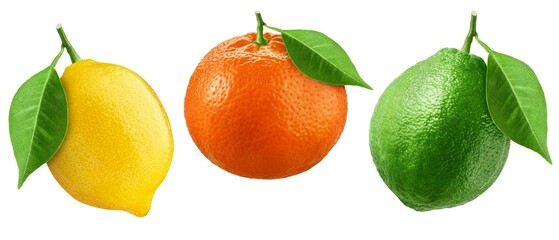 Lemon, lime, tangerine with leaf isolated on white background, collection
