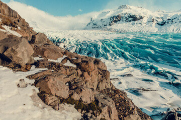 Amazing old glacier landscape photo. Beautiful nature scenery photography with rocky mountains on...