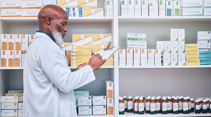 Pharmacy, senior man and checklist clipboard for stock, inventory and pills, prescription and checking. Pharmacist, writing and black man counting medical product, medicine and treatment for record