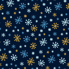 Square seamless pattern with snowflakes on a dark blue background in hand drawn style.
