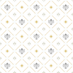 Seamless pattern. Modern geometric ornament with silver royal lilies. Classic vintage background