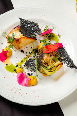 fish steak with puree on white plate